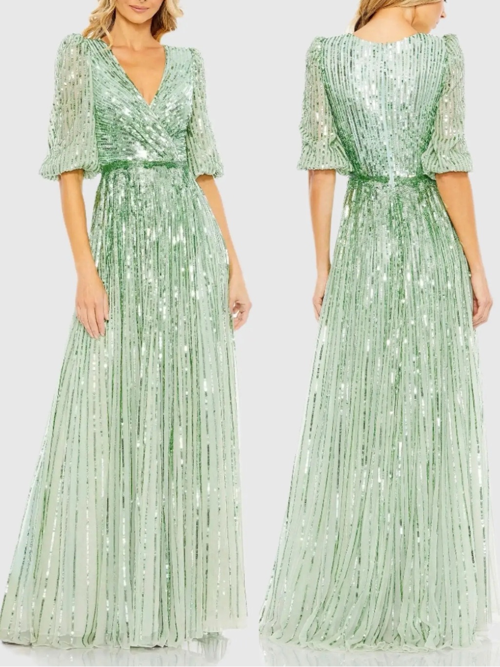 Mac Duggal Green Sequined Wrap Over 3/4 Sleeve Gown Size 12 Nwt 5509